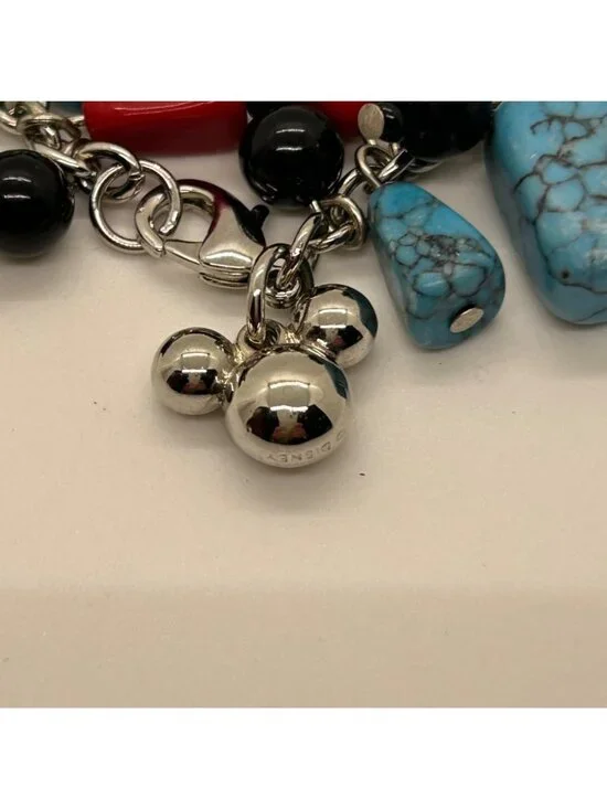 Disney Mickey Mouse Sterling Silver Tone Turquoise Coral & Black Stones Charm Br - Picture 4 of 10